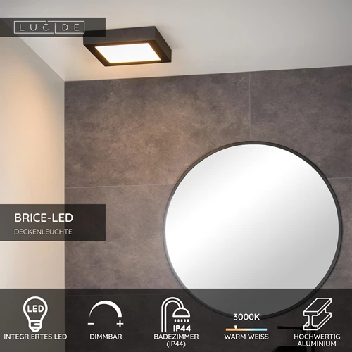 Lucide BRICE-LED - Deckenleuchte Badezimmer - LED Dim. - 1x22W 3000K - IP44 - Schwarz - USP